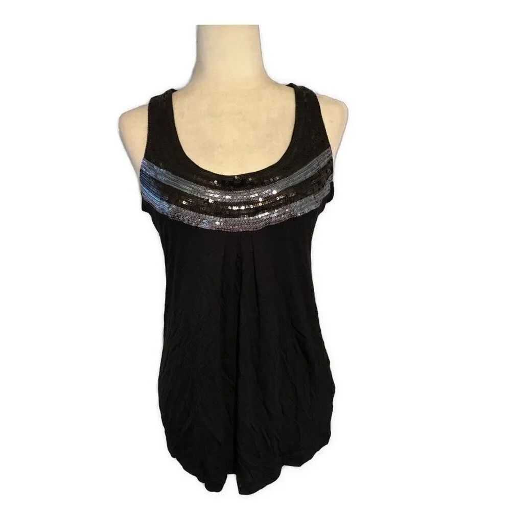 Kische Womens Black Silver Rayon Sequin Round Neck Tank Top Small